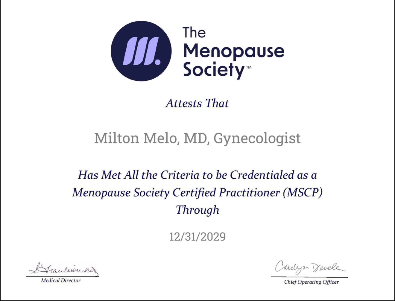 Certificado de Menopause Society Certified Practitioner do Dr. Milton Melo